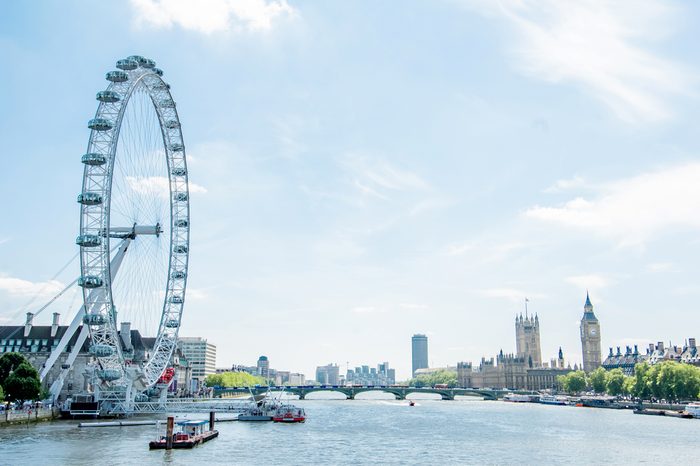 London . London eye, County Hall, Westminster Bridge, Big Ben and Houses of Parliament.