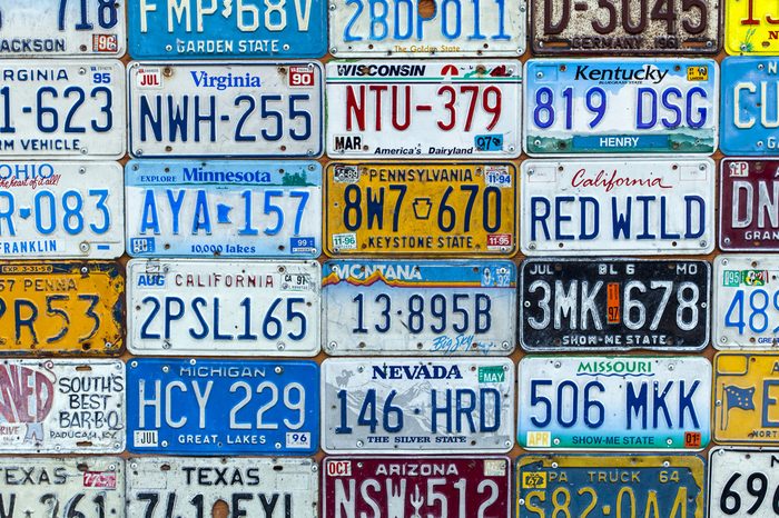 Tel-Aviv - August 27: Surface made of an assortment of USA car license plates, on a wall in Tel-Aviv, Israel on August 27, 2016.