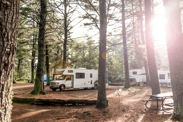RV park with sun streaming through the trees