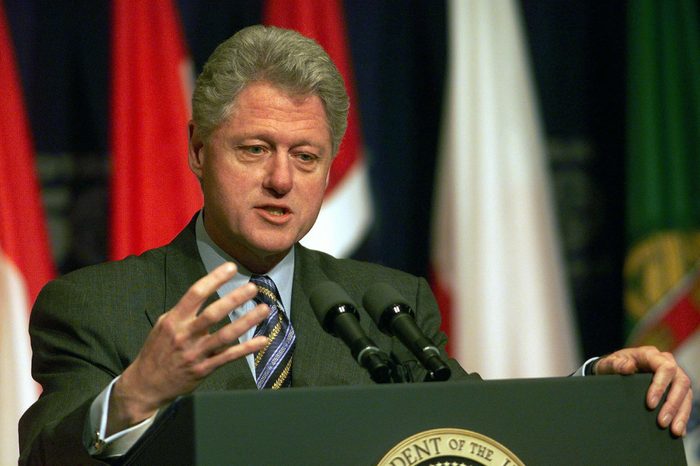 William Jefferson 'Bill' Clinton (born 1946) 42nd President of the United States of America 1993-2001, giving a press conference in the Amphitheater of the ITC Reagan Building.