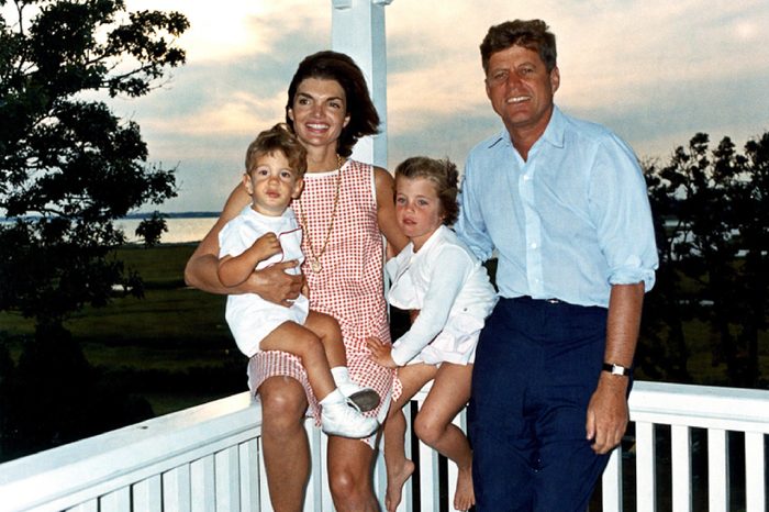 President John F. Kennedy, First Lady Jacqueline Kennedy, and their children John, Jr. and Caroline, at their summer house in Hyannis Port, Massachusetts.