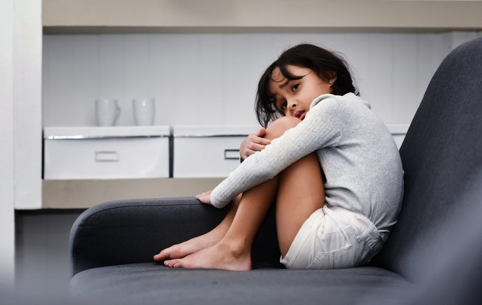 Scared Little kid girl crying Alone. Nightmare. Copy space.