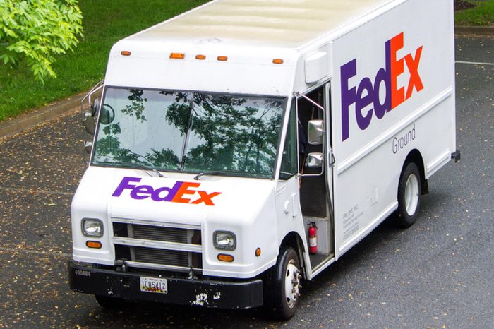 Federal Express (FedEx) truck out on delivery in Rockville, Maryland on May 22 2018