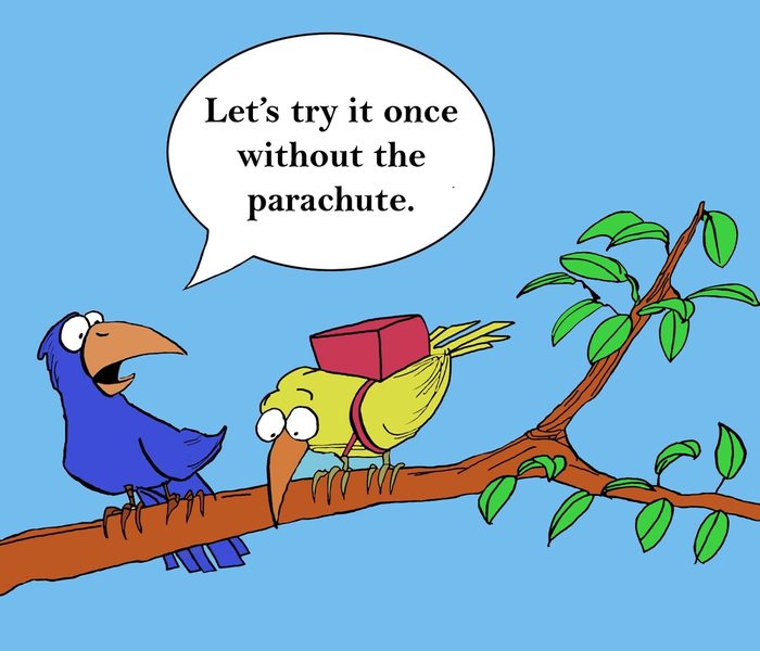 Encouraging the newcomer, the trainer says, "Let's try it once without the parachute".
