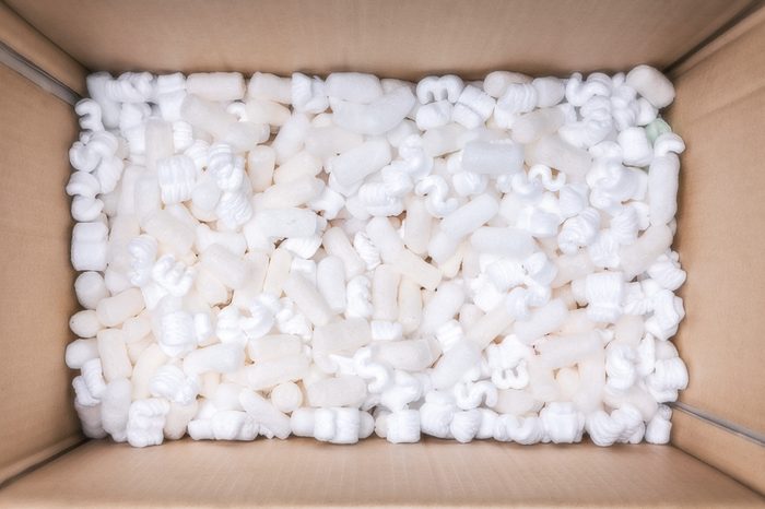 box packaging with polystyrene peanuts inside