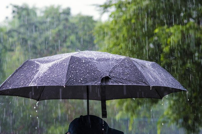 A person with an umbrella in the rain.