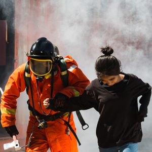 Firefighter help the Asian child in the burning warehouse / Fire and rescue training school regularly to get ready. 