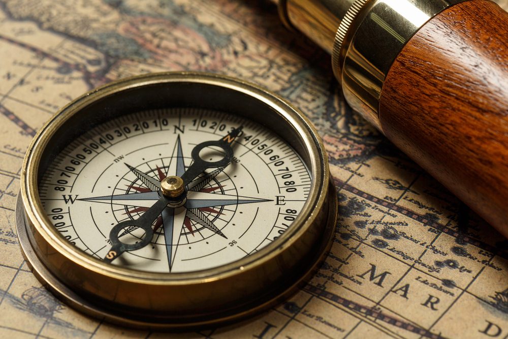 Retro compass with old map and spyglass