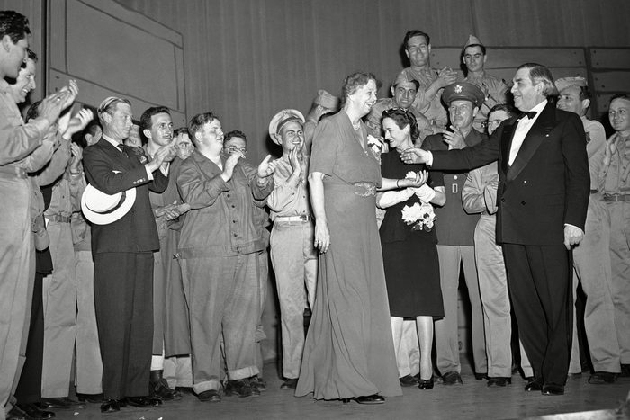 Mandatory Credit: Photo by Harry Harris/AP/Shutterstock (5956401c) Eleanor Roosevelt John Golden, right, theatrical producer, presents first lady Eleanor Roosevelt, center, on the stage of a New York City theater, following a benefit performance of an Army show. Present are the Duke (left with hat under arm) and Duchess of Windsor (standing at right of Mrs. Roosevelt Eleanor Roosevelt, New York, USA