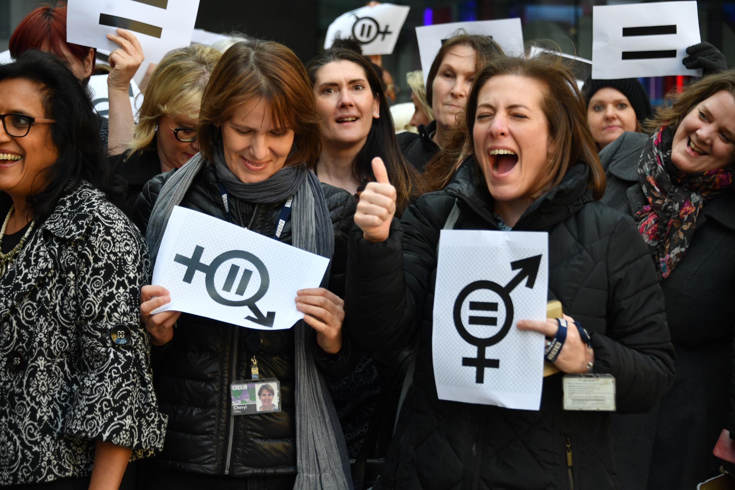 Hundreds of BBC staff protest over equal pay outside the Corporation's headquarters. Former China editor Carrie Gracie spearheaded the campaign