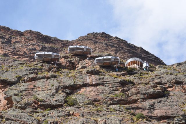 OLLANTAYTAMBO / PERU, August 15, 2018: View of Naturavive Skylodge Adventure Suites near Ollantaytambo from the highway.