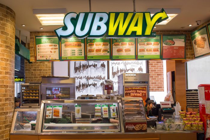 BANGKOK, THAILAND - MARCH 17 : Exterior view of Subway Restaurant on March 17, 2015 in Bangkok, Thailand. It is one of the fastest growing franchises in the world, with 43,035 restaurants.