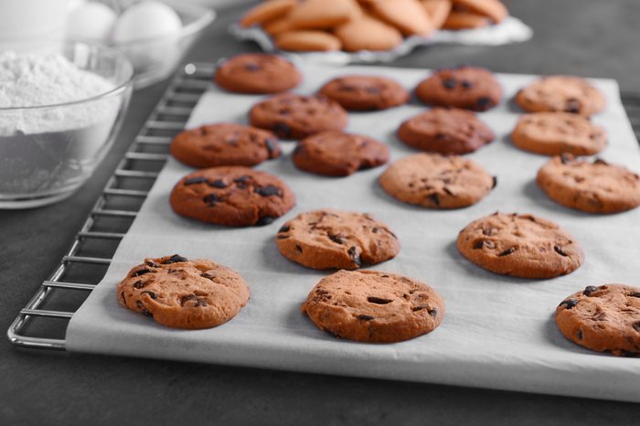 Freshly baked cookies on tray rack