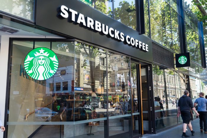 Melbourne, Australia - February 23, 2017: Starbucks Coffee is an American chain of coffee shops, founded in Seattle. The 385 Bourke Street store is inside the Galleria shopping mall.