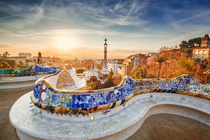 View of Barcelona from the park at sunrise