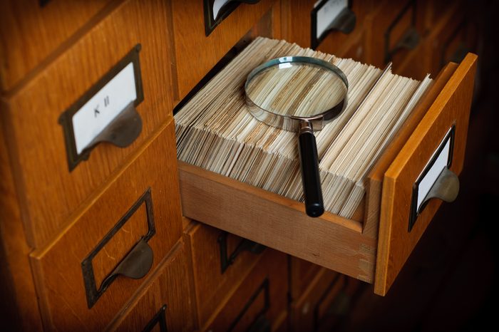 Library Card Catalog Drawer Magnifier Glass Search Concept Stock Photo