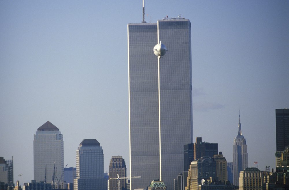 A blimp flying over Manhattan, New York