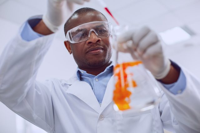 Testing human blood. Skilled afro-american biologist conducting a test and wearing glasses