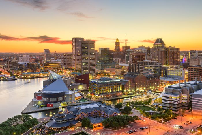 Baltimore, Maryland, USA downtown cityscape at dusk.