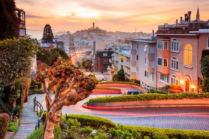 Famous Lombard Street in San Francisco at sunrise