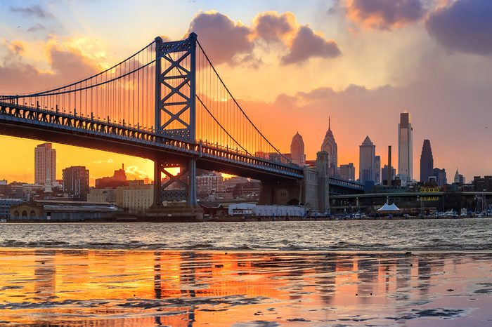 Panorama of Philadelphia skyline, Ben Franklin Bridge and Penn's Landing sunset