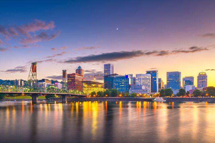 Portland, Oregon, USA skyline at dusk on the Willamette River.