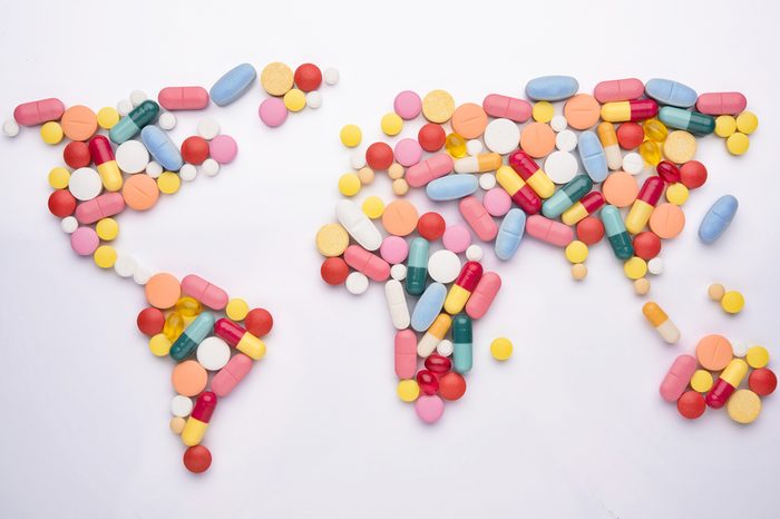 Pills in world map shape