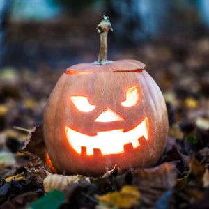 halloween jack-o-lantern on autumn leaves