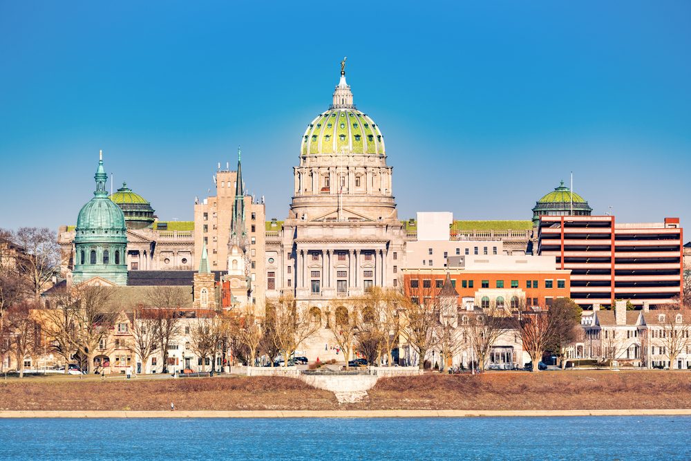 Harrisburg capitol building viewed from across Susquehanna river. Harrisburg is the state capital of Pennsylvania