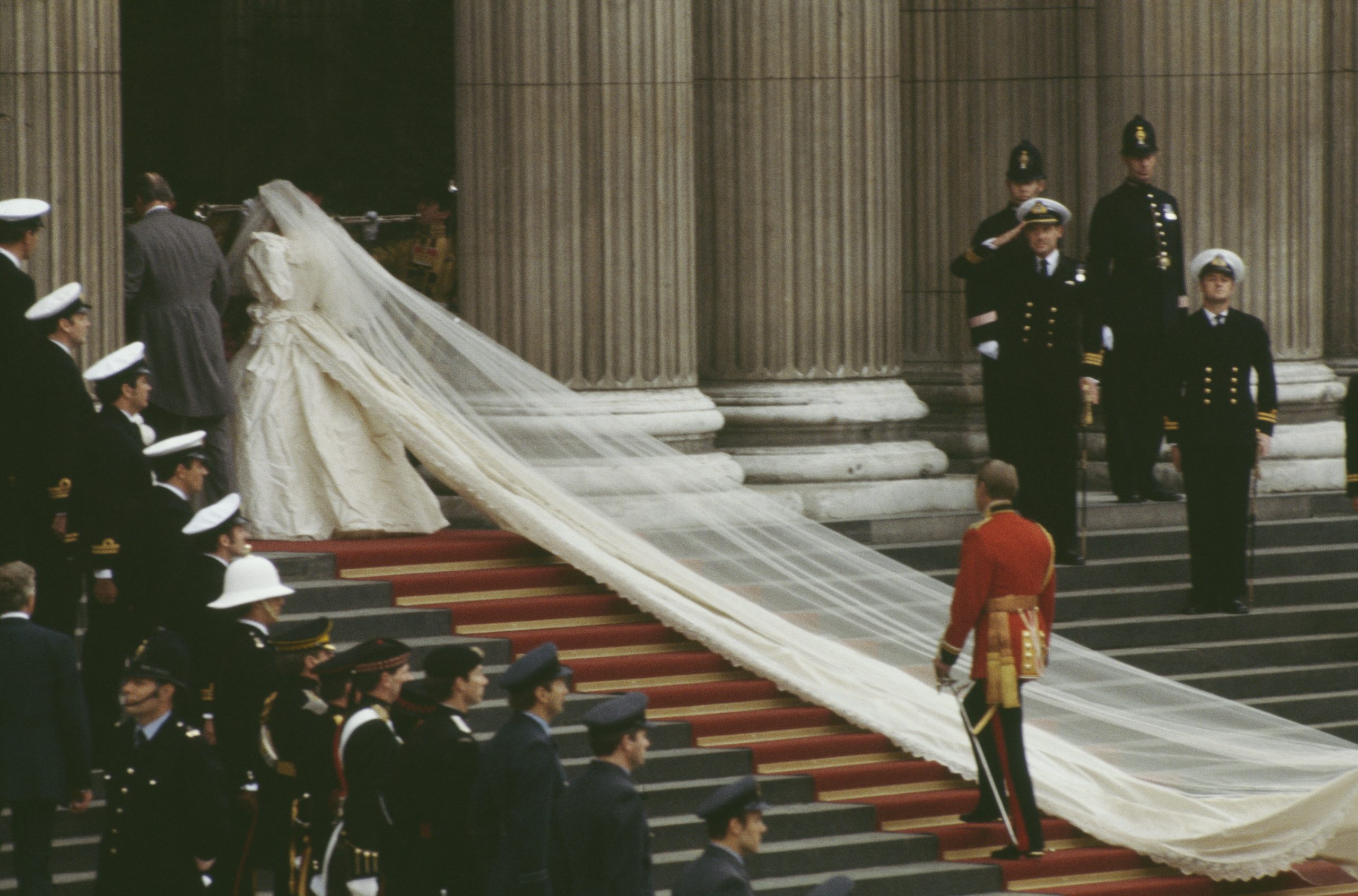 Veil of Princess Diana as she walks up the stairs to her wedding