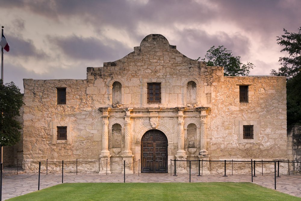 Exterior view of the historic Alamo shortly after sunrise