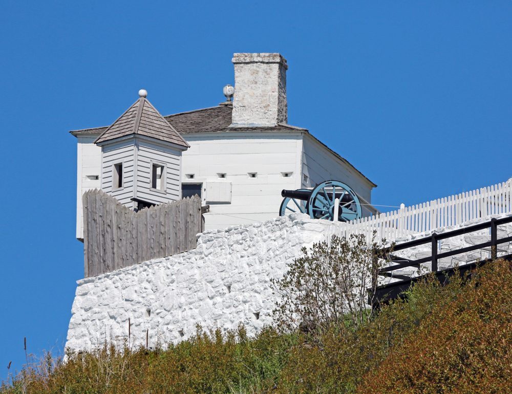 Blockhouse and cannon at Fort Mackinac, Mackinac Island, Michigan, USA