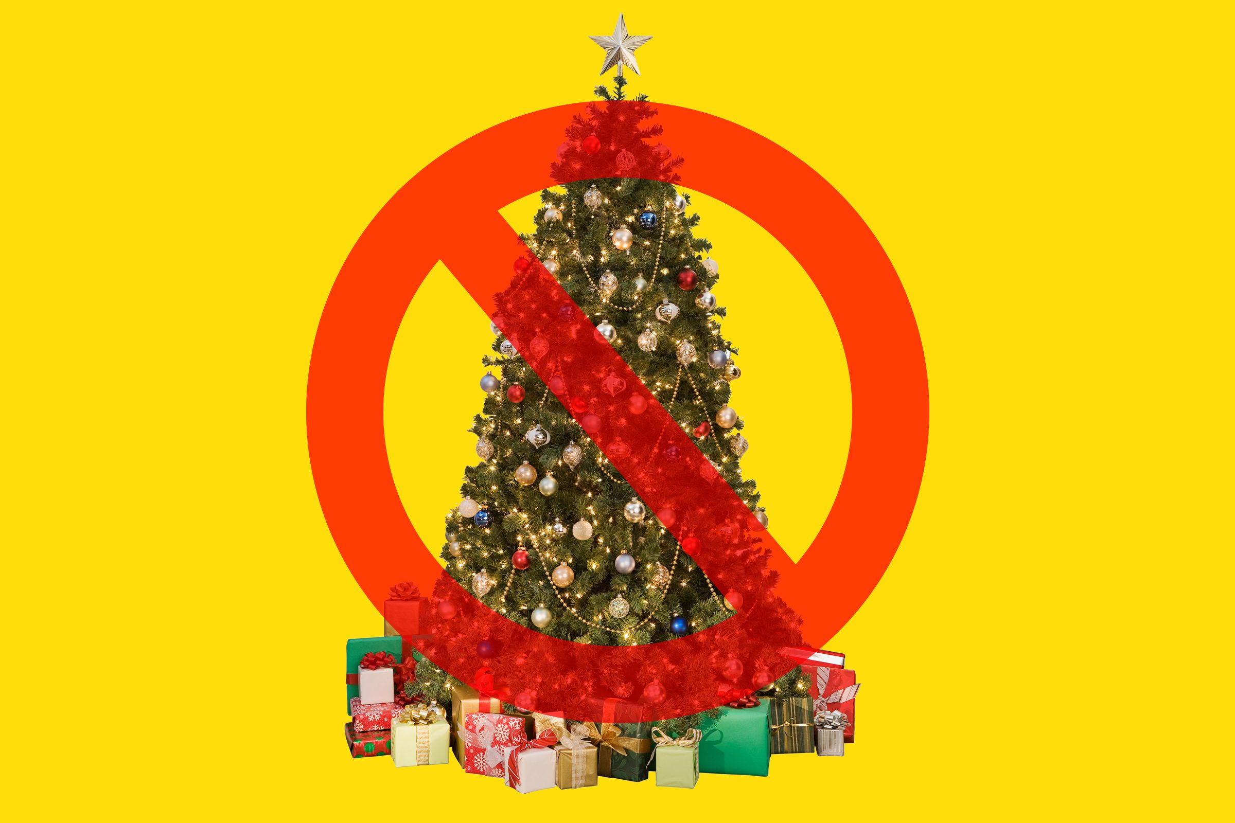 Christmas Tree on yellow background with cancel sign over it