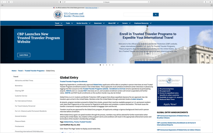 Global Entry Ecomm Via Cbp.gov