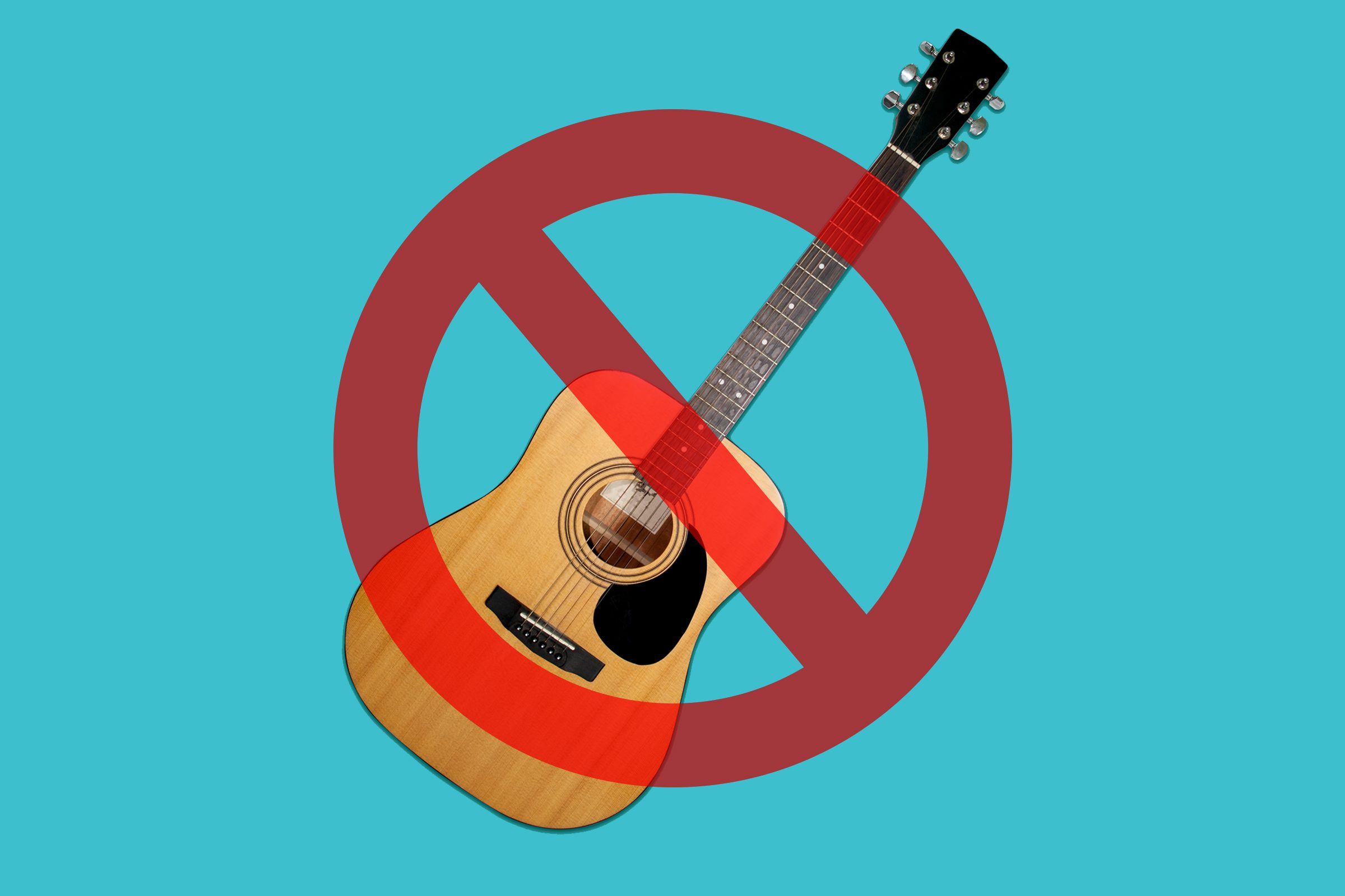 Guitar on blue background with cancel sign over it