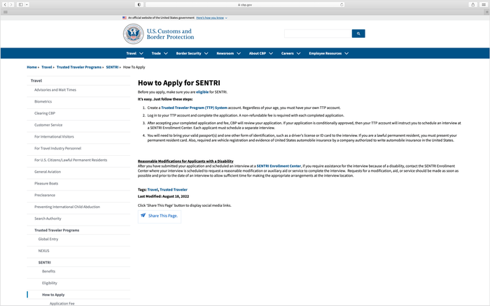 Sentri Expedited Airport Ecomm Via Cbp.gov