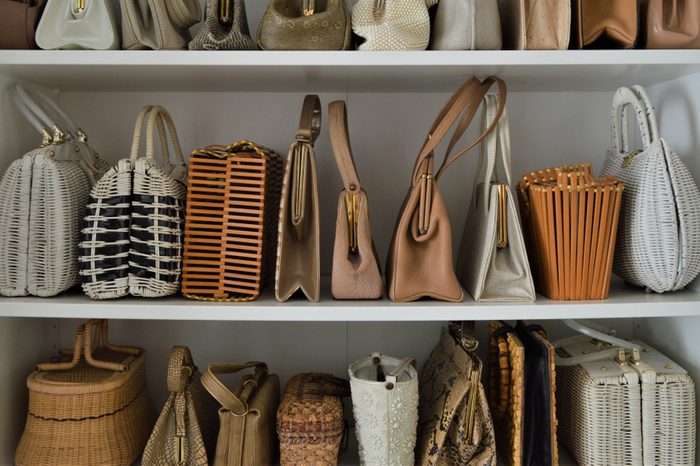 Organized natural color vintage handbag collection