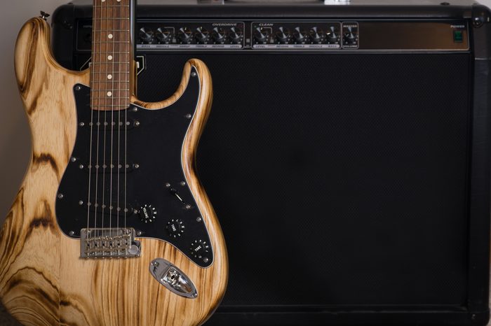 Fender Guitar in the studio on the Amp, getting read to record live music.