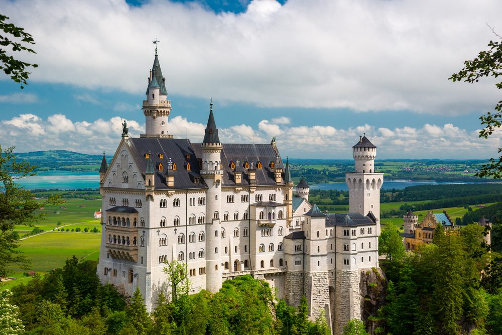 Summer landscape - view of the famous tourist attraction in the Bavarian Alps - the 19th century Neuschwanstein castle.