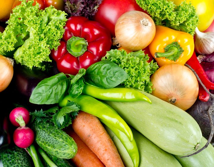 fresh fruits and vegetables isolated on white background