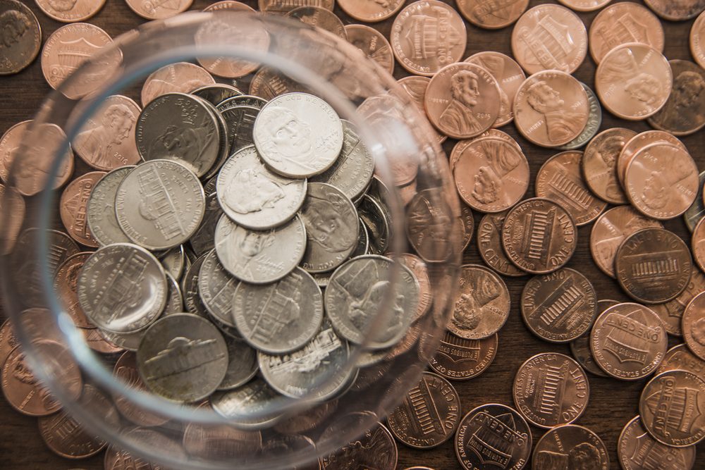 american cent - metal Coin in glass Jar or bank. indoor and outdoor. Save money in transparent space.