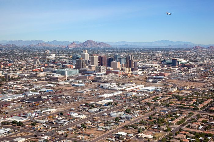 Aerial view of Downtown Phoenix, Arizona Skyline looking to the northeast