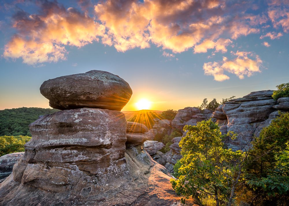 Sunset over rock formations at Garden of the Gods in Southern Illinois