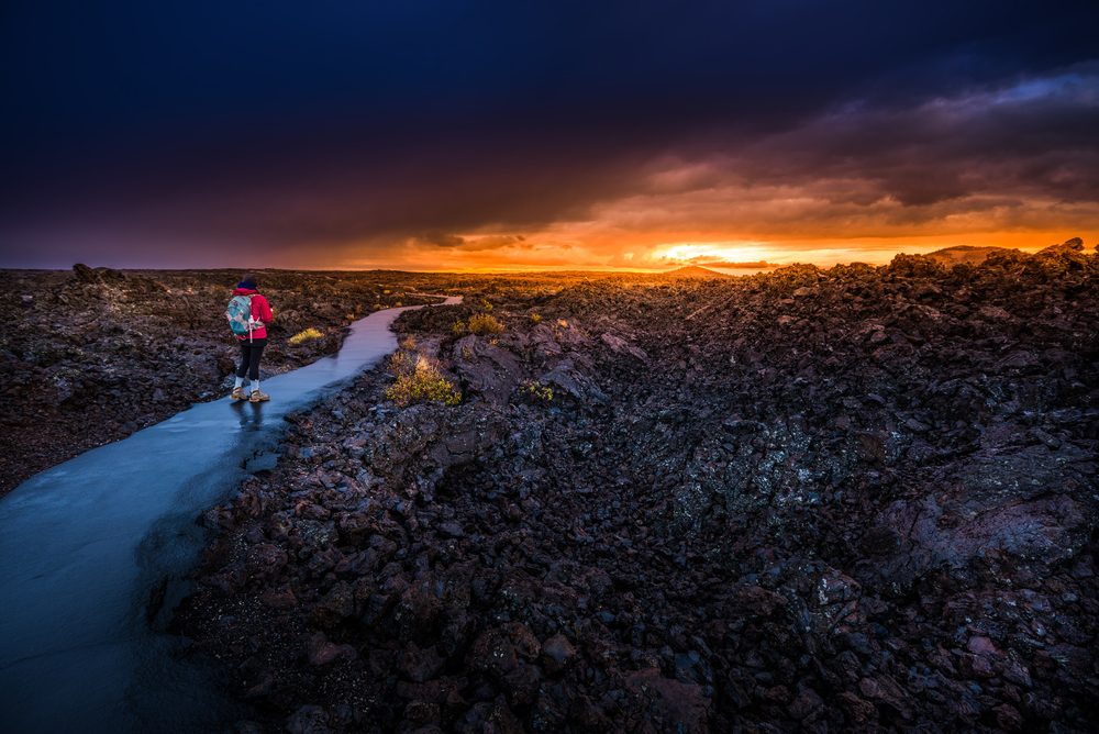 Hiker Backpacker on a trail Craters of The Moon National Monument Idaho 