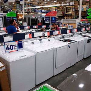 A family shops for washing and drying machines at Lowe's Home Improvement store in East Rutherford, N.J Durable Goods, East Rutherford, USA