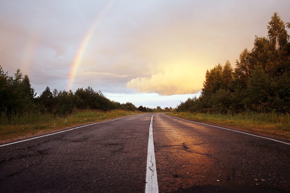 road rainbow trees sky summer