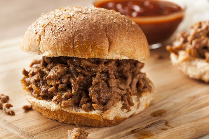 Sloppy Barbecue Beef Sandwich on a whole wheat bun