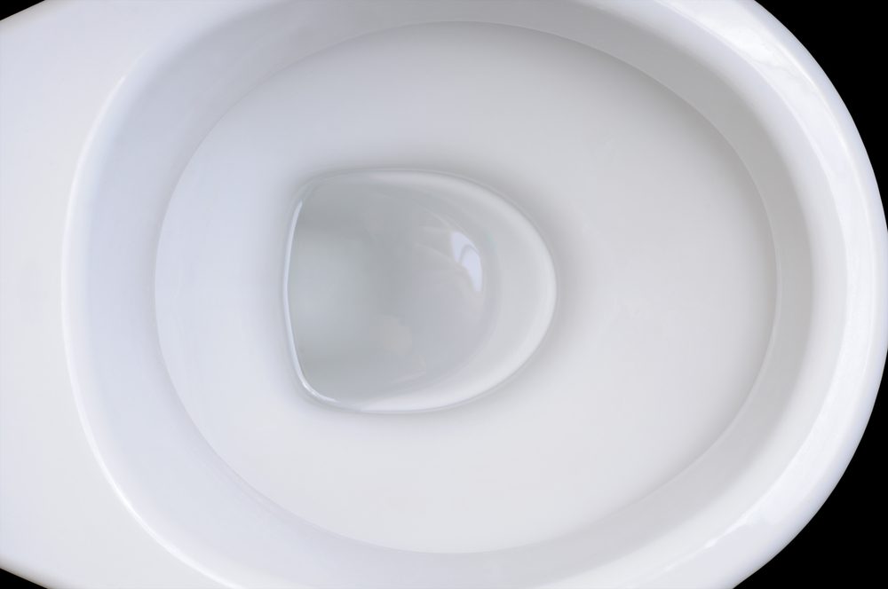 Detail of clean white toilet bowl on black background.
