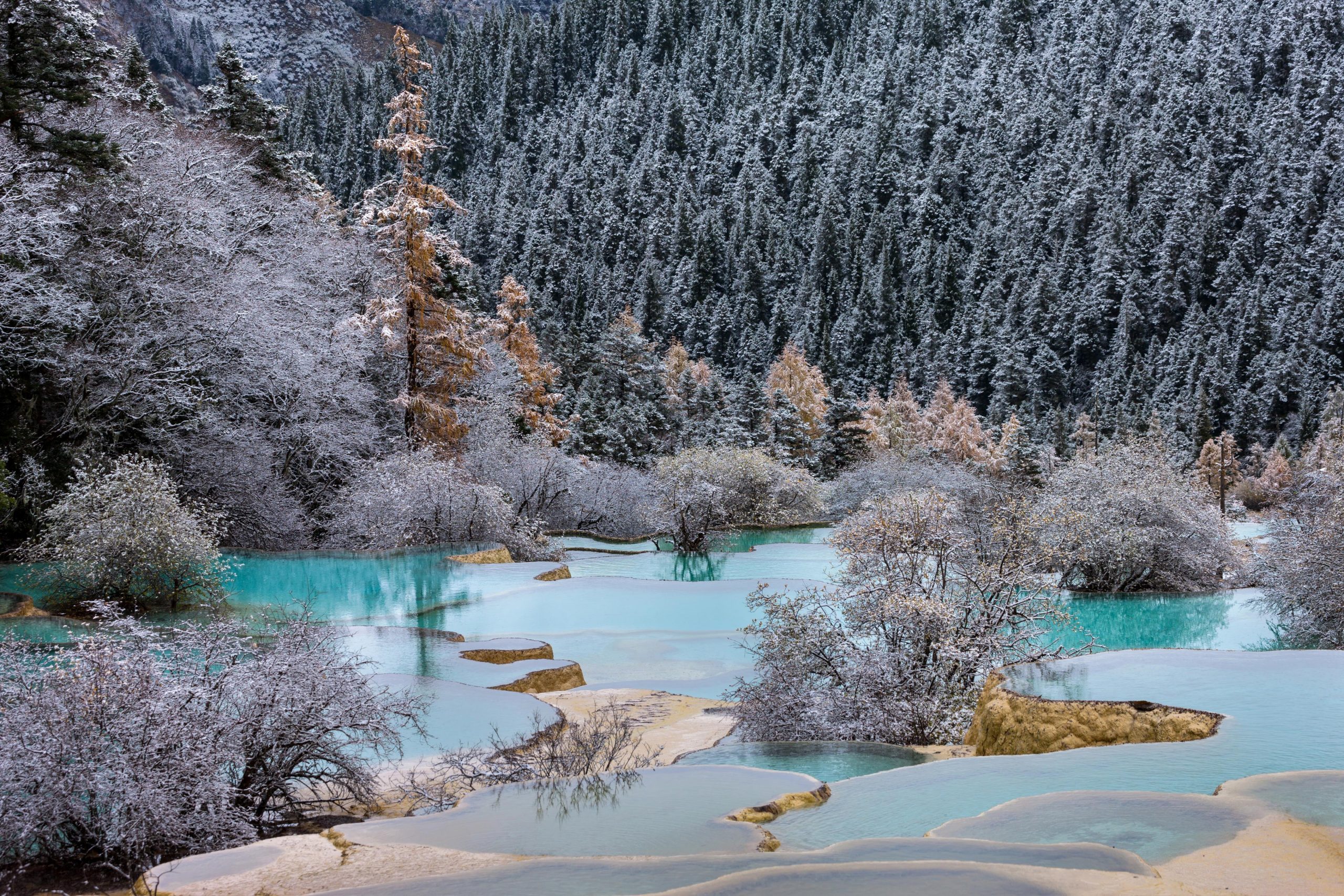 Huanglong, national park, province Sichuan, UNESCO, world nature heritage, sinter terraces.