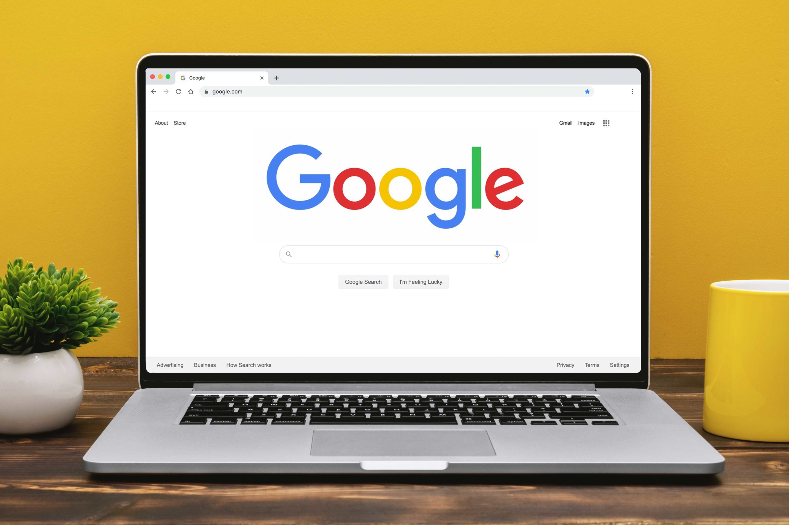 Google homepage on laptop in yellow room
